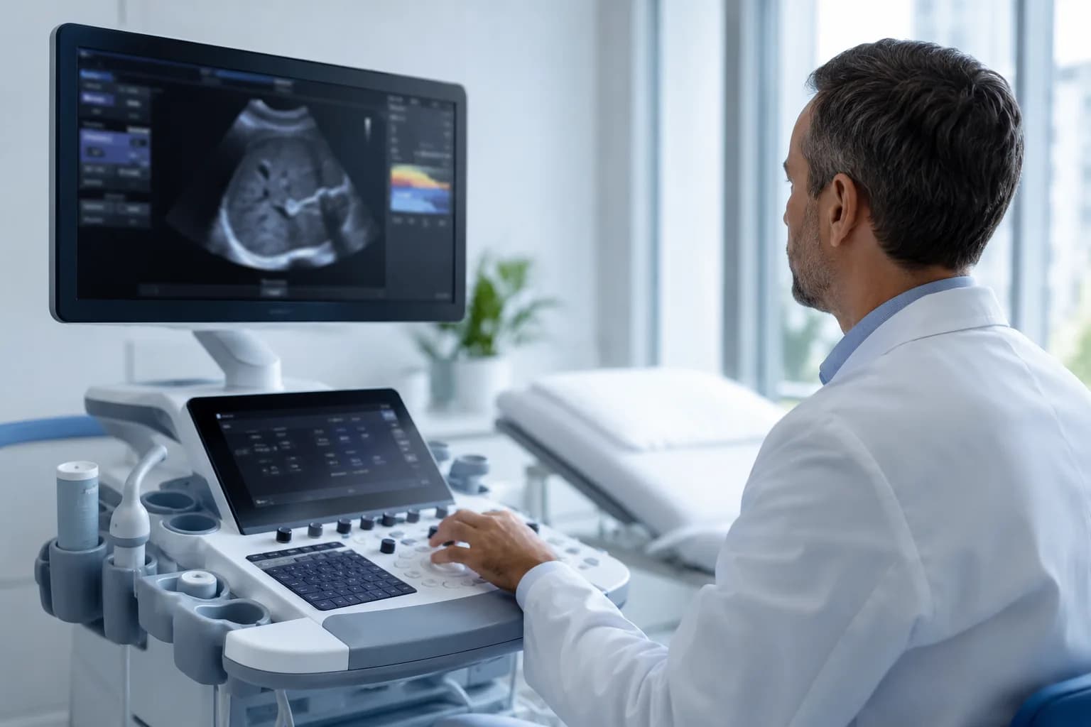 Endocrinologist reviewing a thyroid ultrasound scan on a monitor