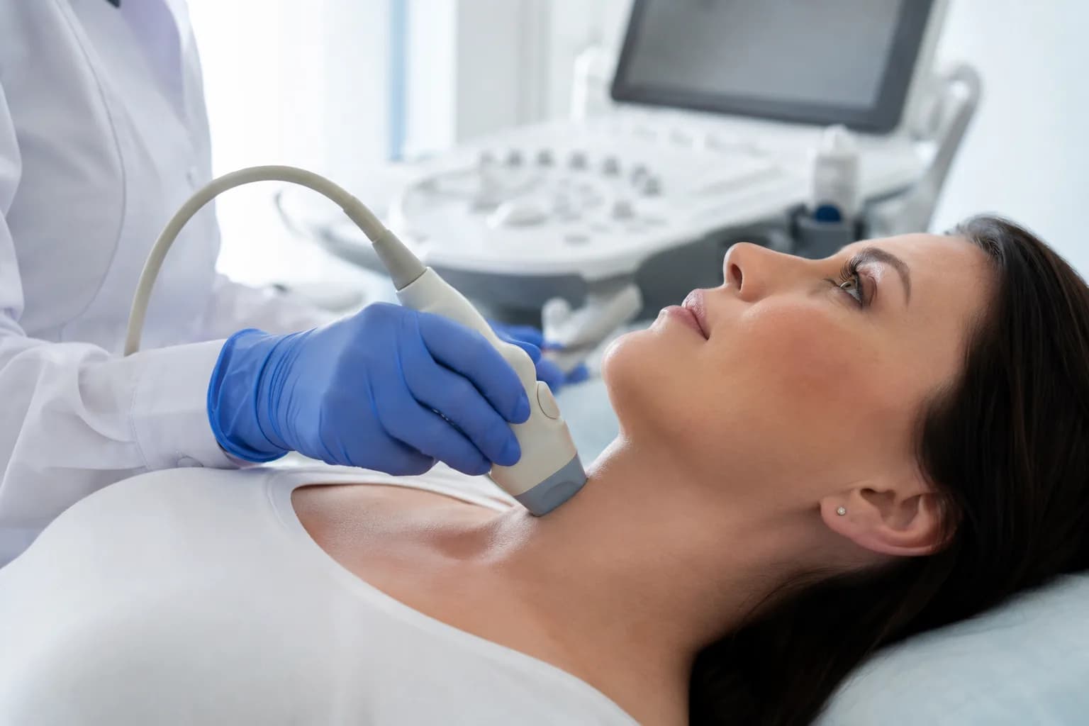 Clinician performing a thyroid ultrasound on a patient